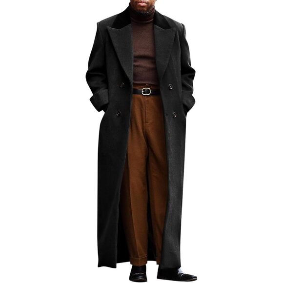 Mens Black  Full Length Trench Coat Double Breasted Classic Winter Overcoat - Picture 1 of 5